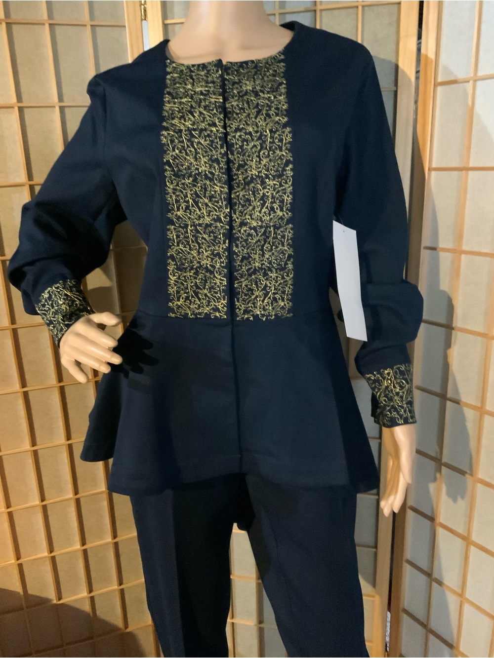 NWT Navy Women's Two-Piece Pantsuit with Gold Embroidered Panel - Picture 2 of 13